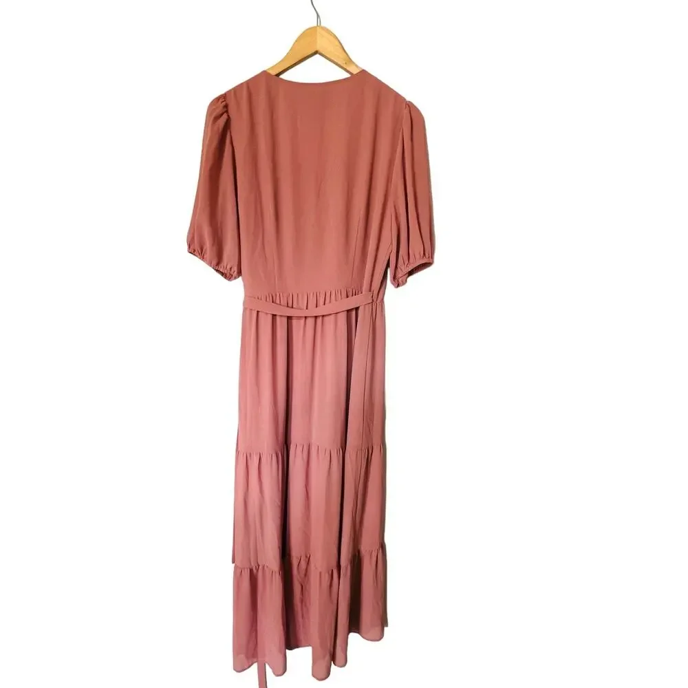 Charles Henry Short Sleeve Tiered Wrap Maxi Dress Size L Large NEW Coral - Picture 3 of 9